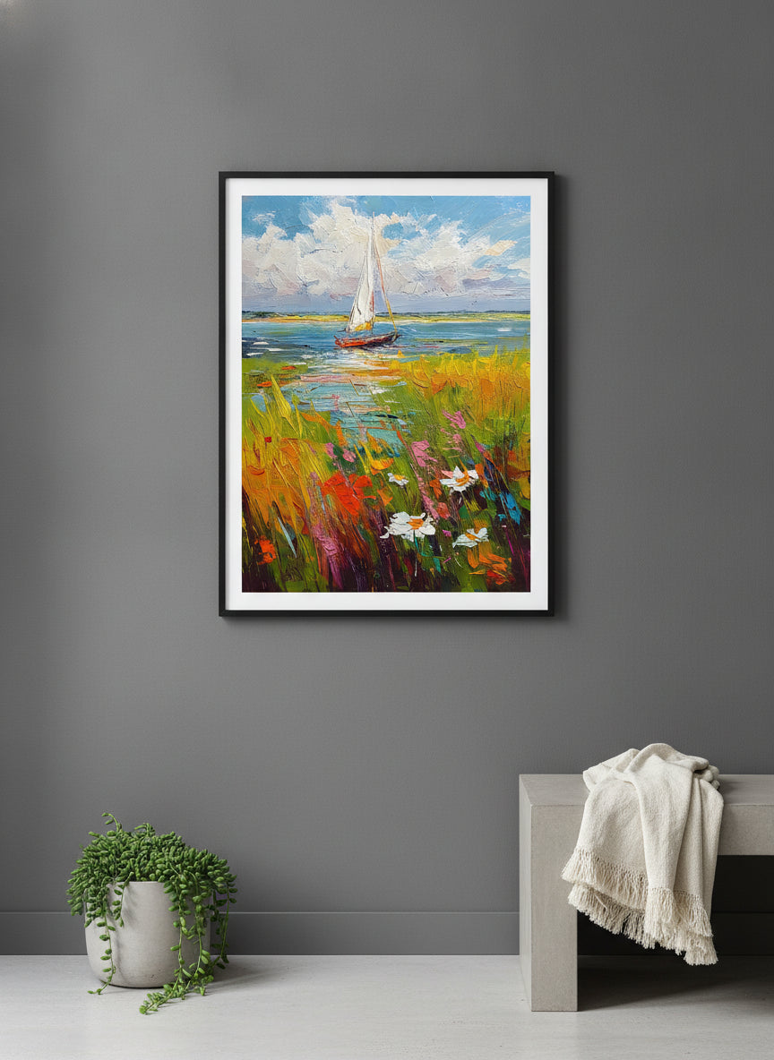 Sailboat Wildflower Meadow Painting art print shown in a charcoal minimal black setting