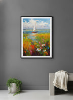 Sailboat Wildflower Meadow Painting art print shown in a charcoal minimal black setting