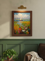 Sailboat Wildflower Meadow Painting art print shown in a forest green walnut setting