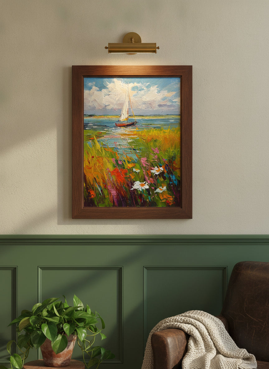Sailboat Wildflower Meadow Painting art print shown in a forest green walnut setting