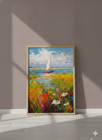 Sailboat Wildflower Meadow Painting art print shown in a purple setting