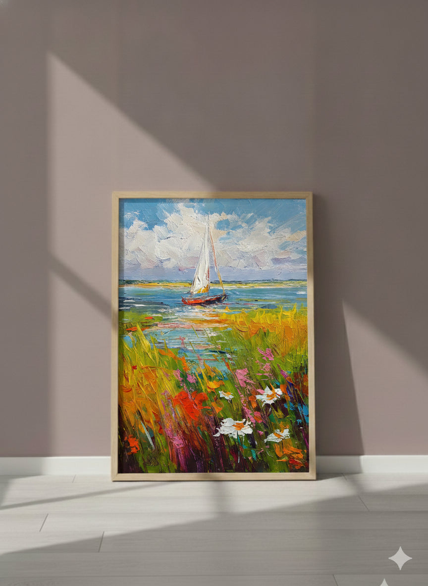 Sailboat Wildflower Meadow Painting art print shown in a purple setting