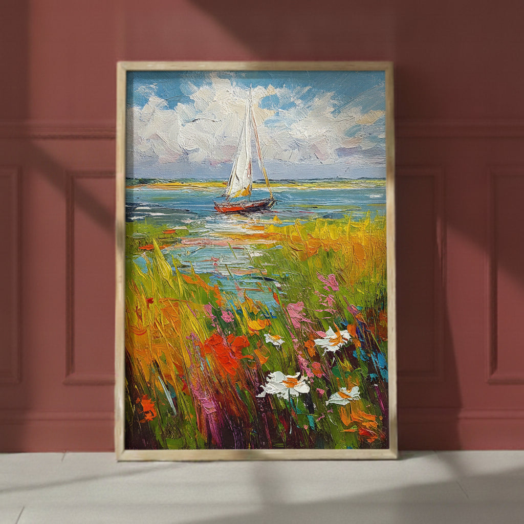 Sailboat Wildflower Meadow Painting art print shown in a red setting