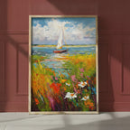 Sailboat Wildflower Meadow Painting art print shown in a red setting