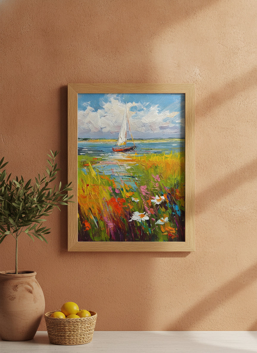 Sailboat Wildflower Meadow Painting art print shown in a terracotta rustic setting