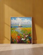 Sailboat Wildflower Meadow Painting art print shown in a yellow wall setting