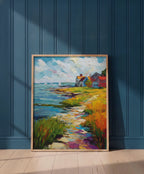 Coastal New England Village Art art print shown in a blue 1 setting