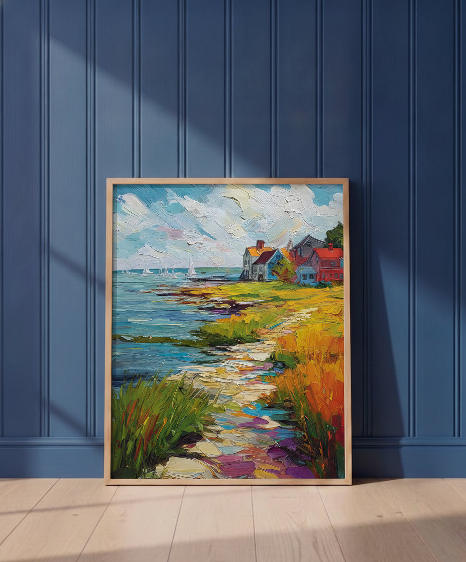 Coastal New England Village Art art print shown in a blue wall paneled setting