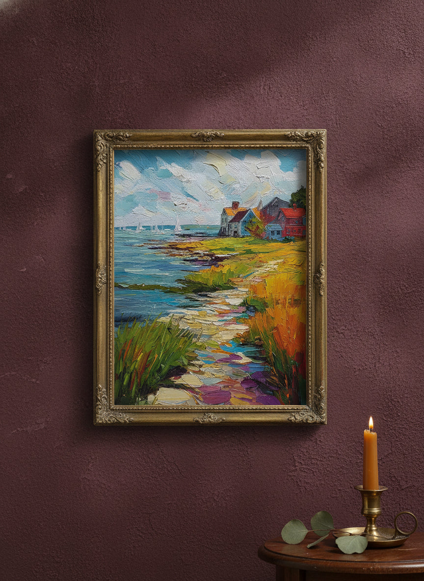 Coastal New England Village Art art print shown in a burgundy brass setting