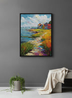 Coastal New England Village Art art print shown in a charcoal minimal black setting