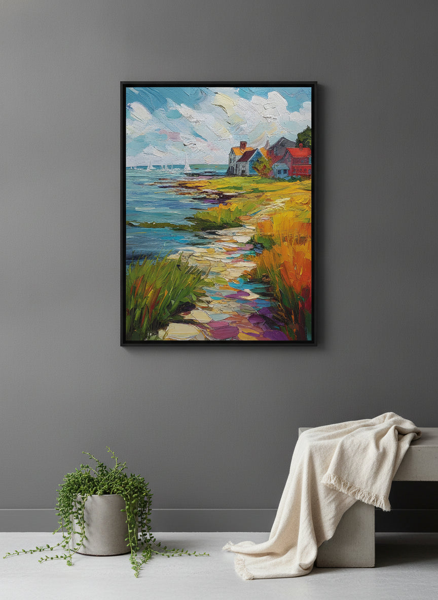 Coastal New England Village Art art print shown in a charcoal minimal black setting