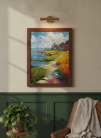 Coastal New England Village Art art print shown in a forest green walnut setting