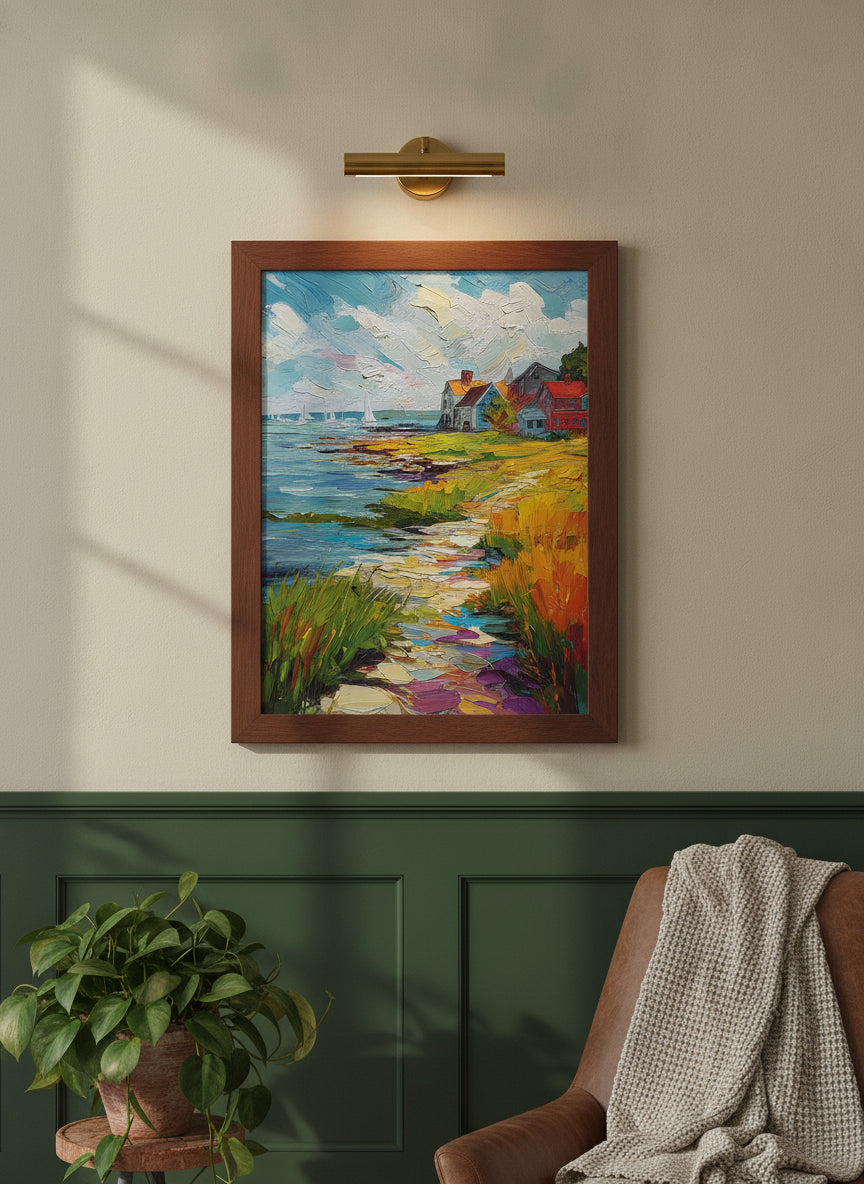 Coastal New England Village Art art print shown in a forest green walnut setting