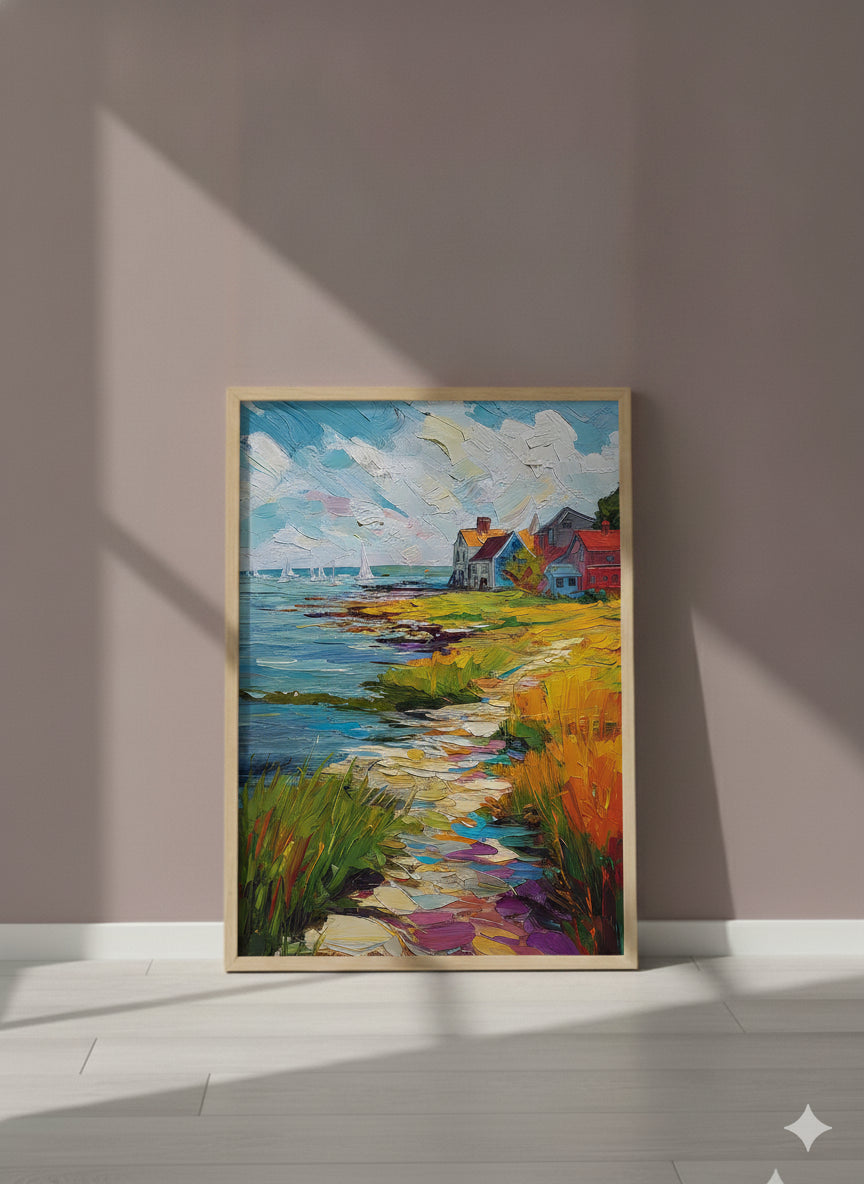 Coastal New England Village Art art print shown in a purple setting