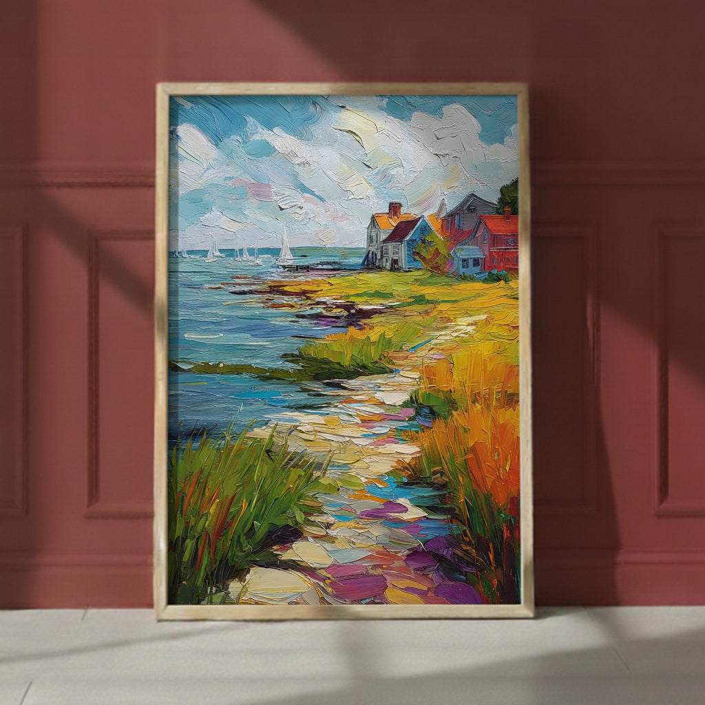 Coastal New England Village Art art print shown in a red setting