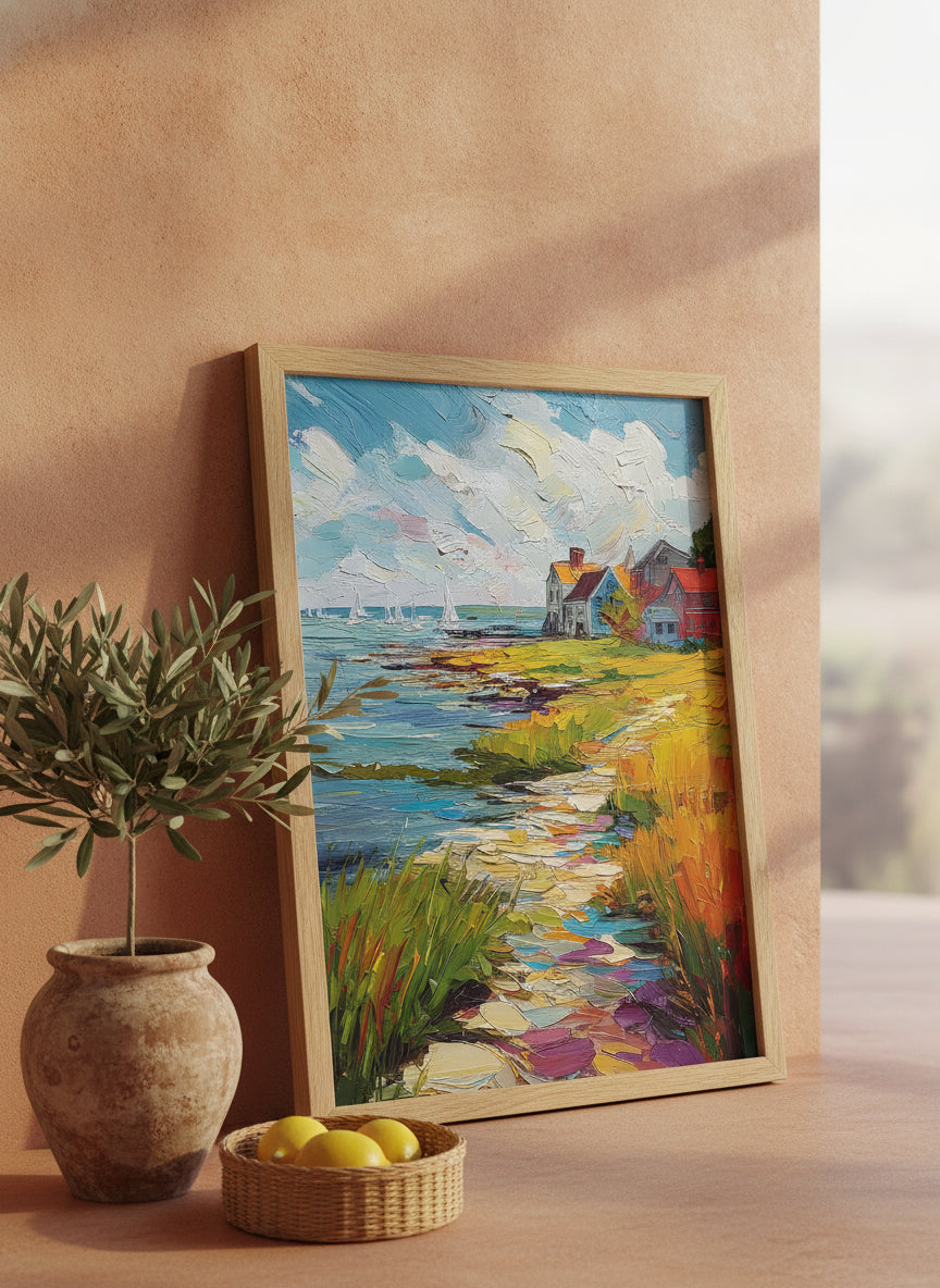 Coastal New England Village Art art print shown in a terracotta rustic setting