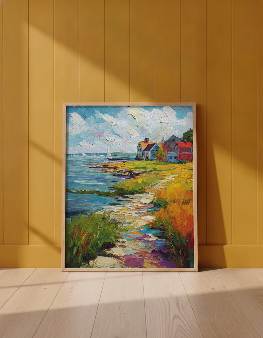 Coastal New England Village Art art print shown in a yellow wall setting