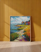 Coastal New England Village Art art print shown in a yellow wall setting