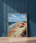 Impressionist Beach Umbrella Coastal Art art print shown in a blue 1 setting