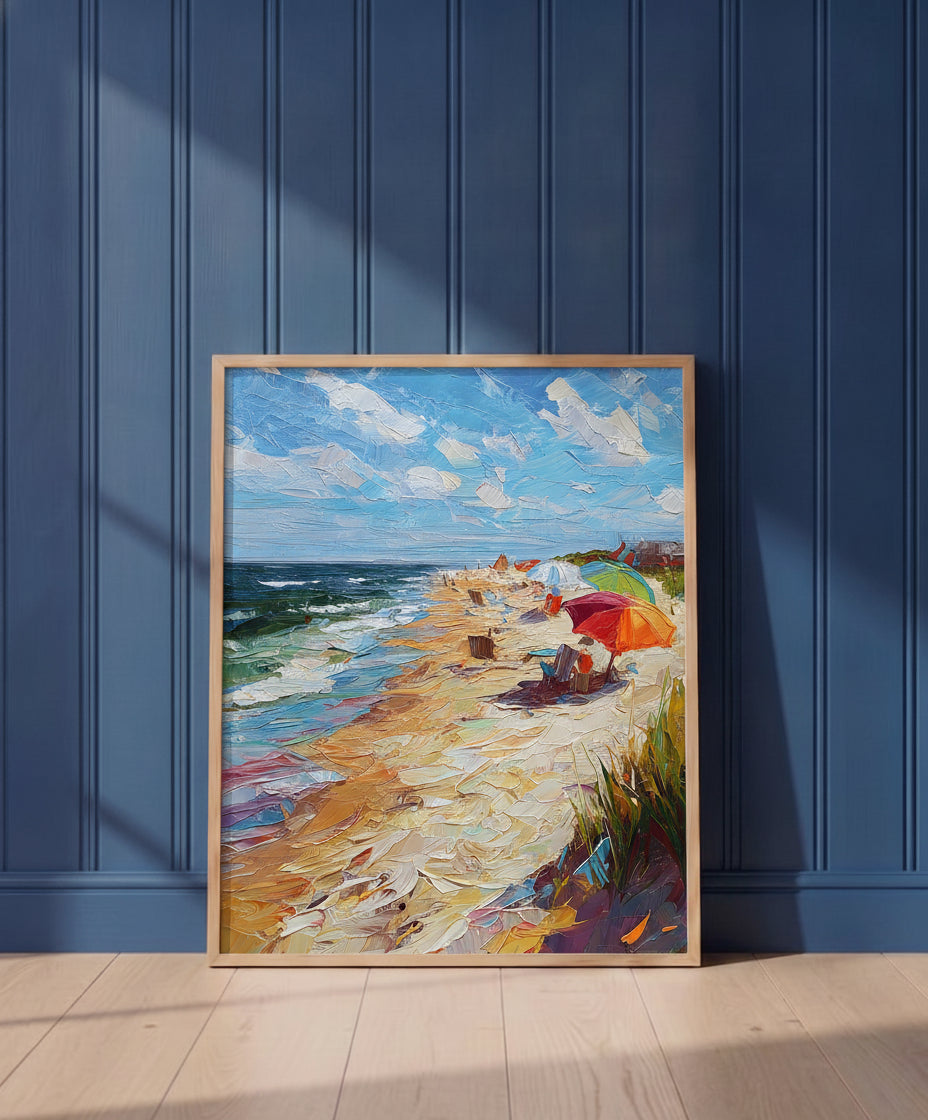 Impressionist Beach Umbrella Coastal Art art print shown in a blue wall paneled setting