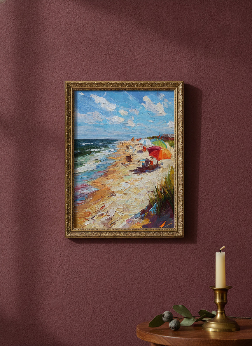 Impressionist Beach Umbrella Coastal Art art print shown in a burgundy brass setting