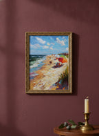 Impressionist Beach Umbrella Coastal Art art print shown in a burgundy brass setting