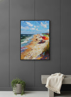 Impressionist Beach Umbrella Coastal Art art print shown in a charcoal minimal black setting