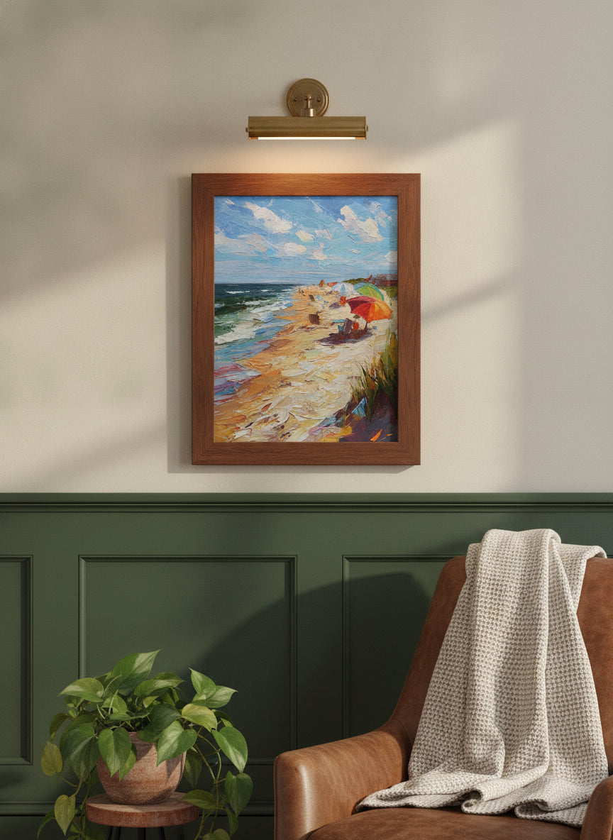 Impressionist Beach Umbrella Coastal Art art print shown in a forest green walnut setting
