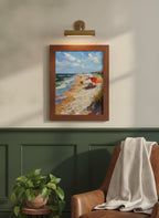 Impressionist Beach Umbrella Coastal Art art print shown in a forest green walnut setting
