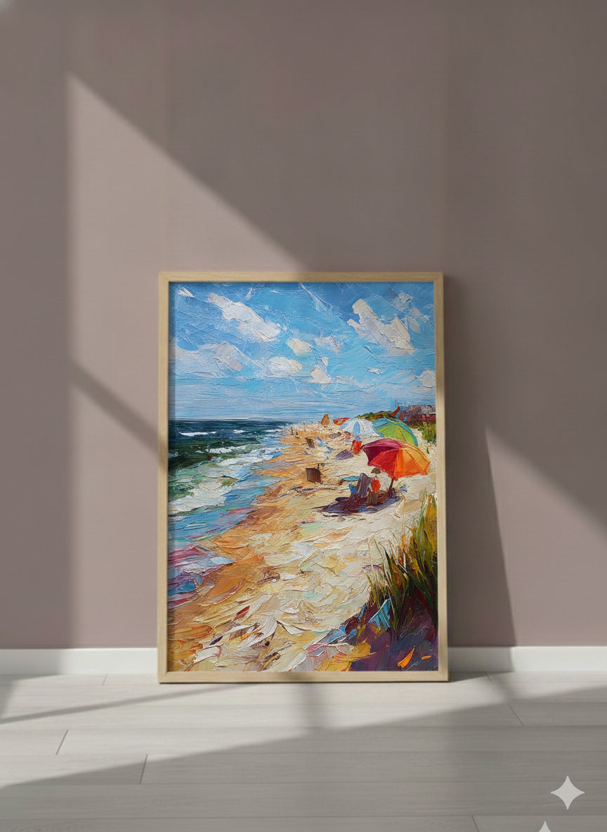 Impressionist Beach Umbrella Coastal Art art print shown in a purple setting