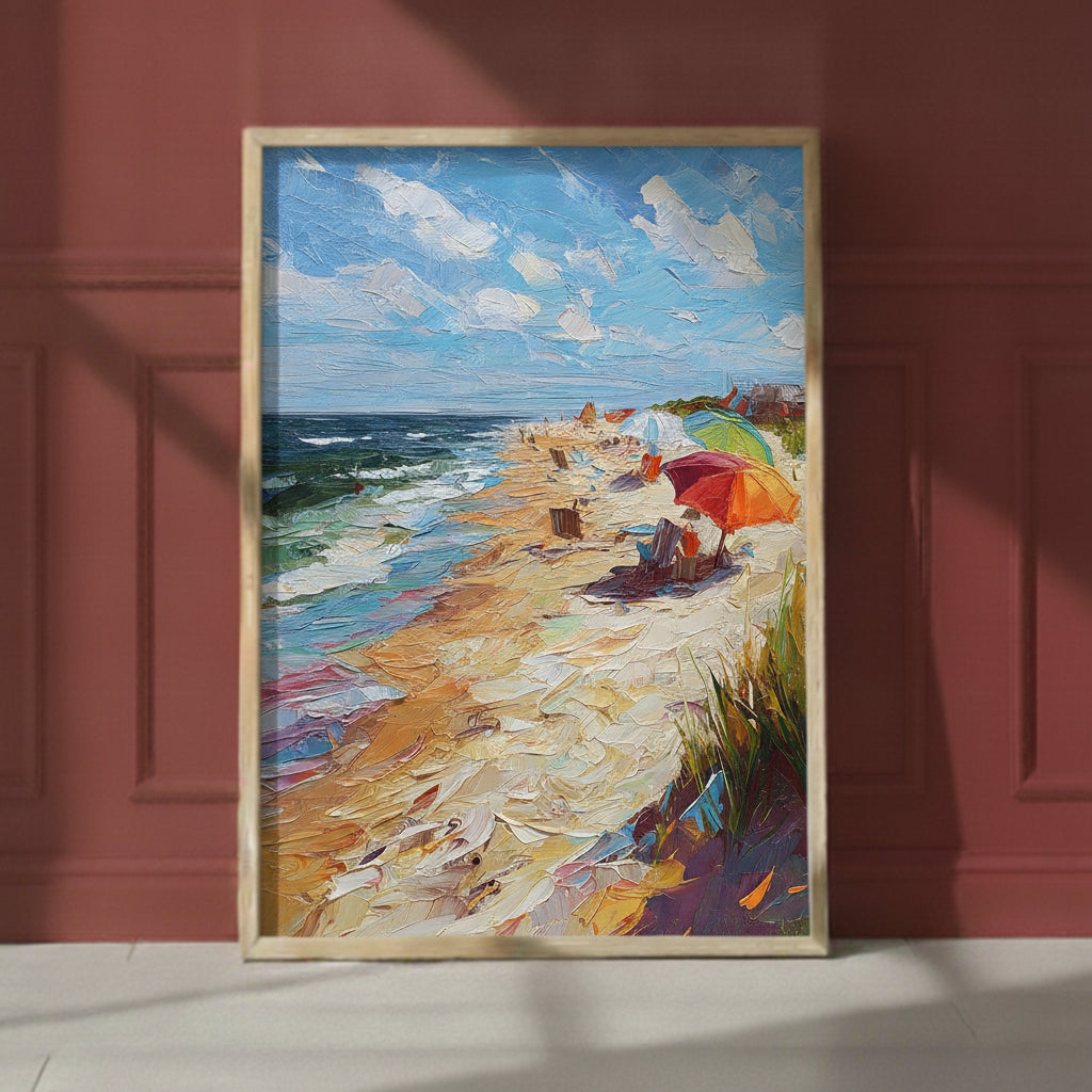Impressionist Beach Umbrella Coastal Art art print shown in a red setting