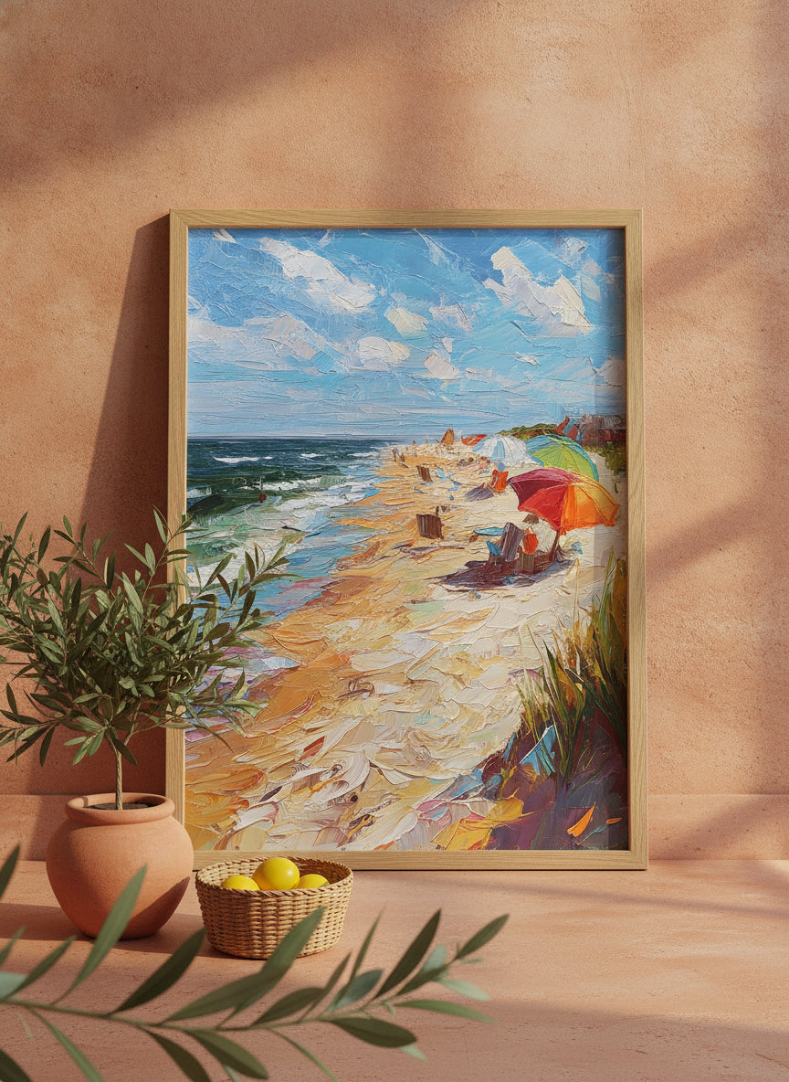 Impressionist Beach Umbrella Coastal Art art print shown in a terracotta rustic setting