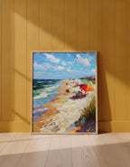 Impressionist Beach Umbrella Coastal Art art print shown in a yellow wall setting