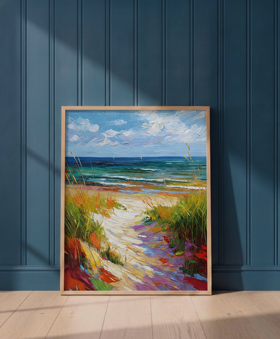 Colorful Beach Path Painting art print shown in a blue 1 setting