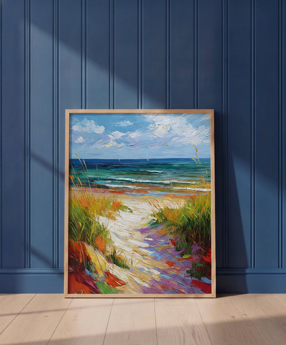 Colorful Beach Path Painting art print shown in a blue wall paneled setting