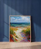 Colorful Beach Path Painting art print shown in a blue wall paneled setting
