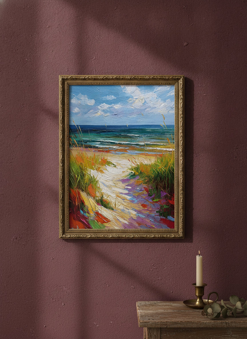 Colorful Beach Path Painting art print shown in a burgundy brass setting