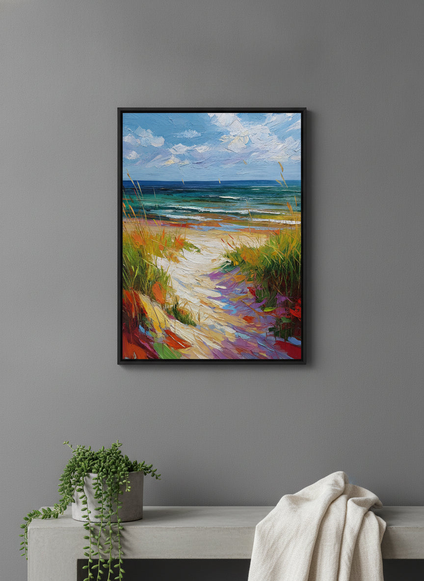 Colorful Beach Path Painting art print shown in a charcoal minimal black setting