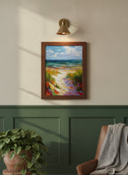 Colorful Beach Path Painting art print shown in a forest green walnut setting