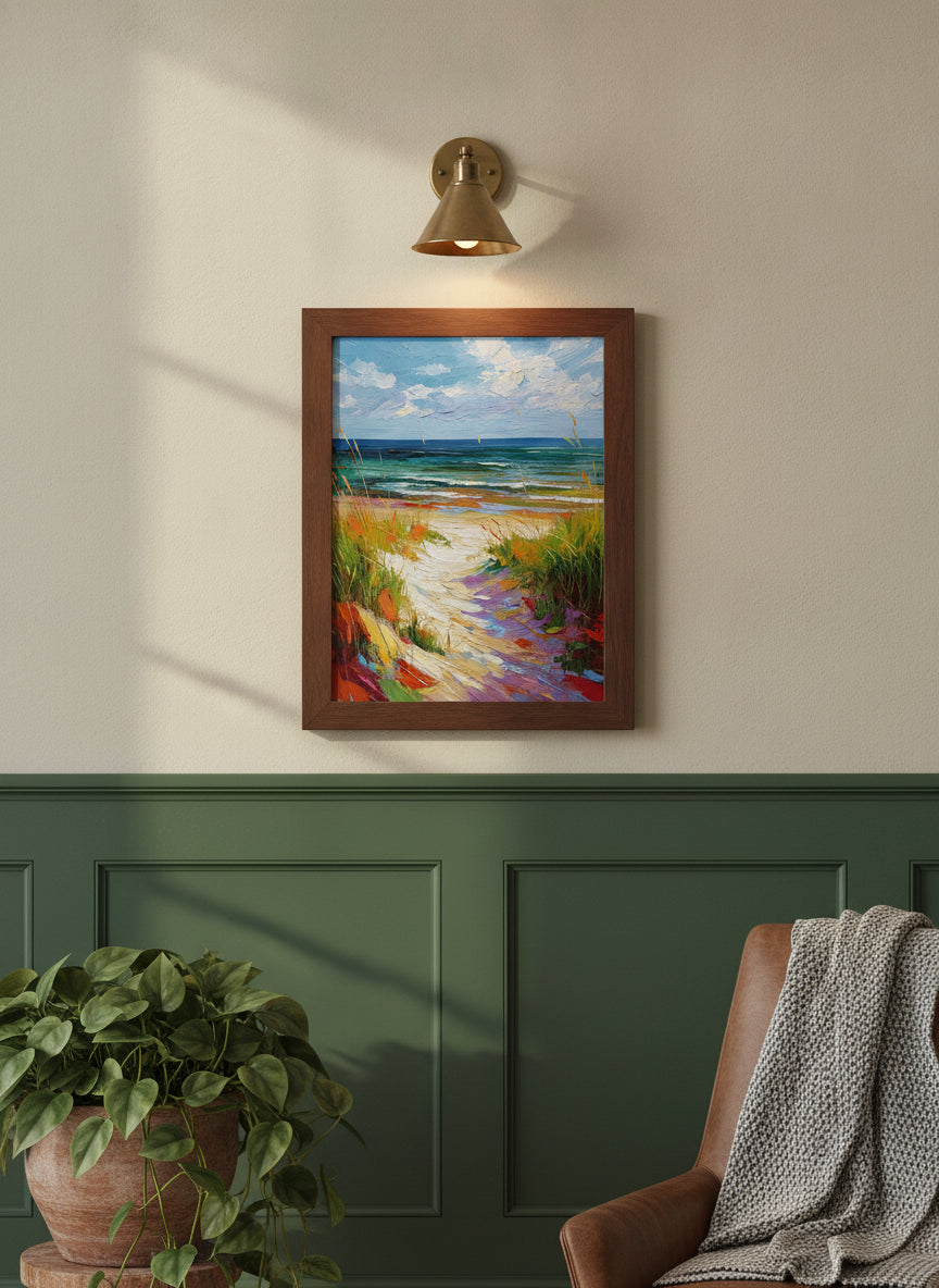 Colorful Beach Path Painting art print shown in a forest green walnut setting