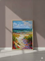 Colorful Beach Path Painting art print shown in a purple setting