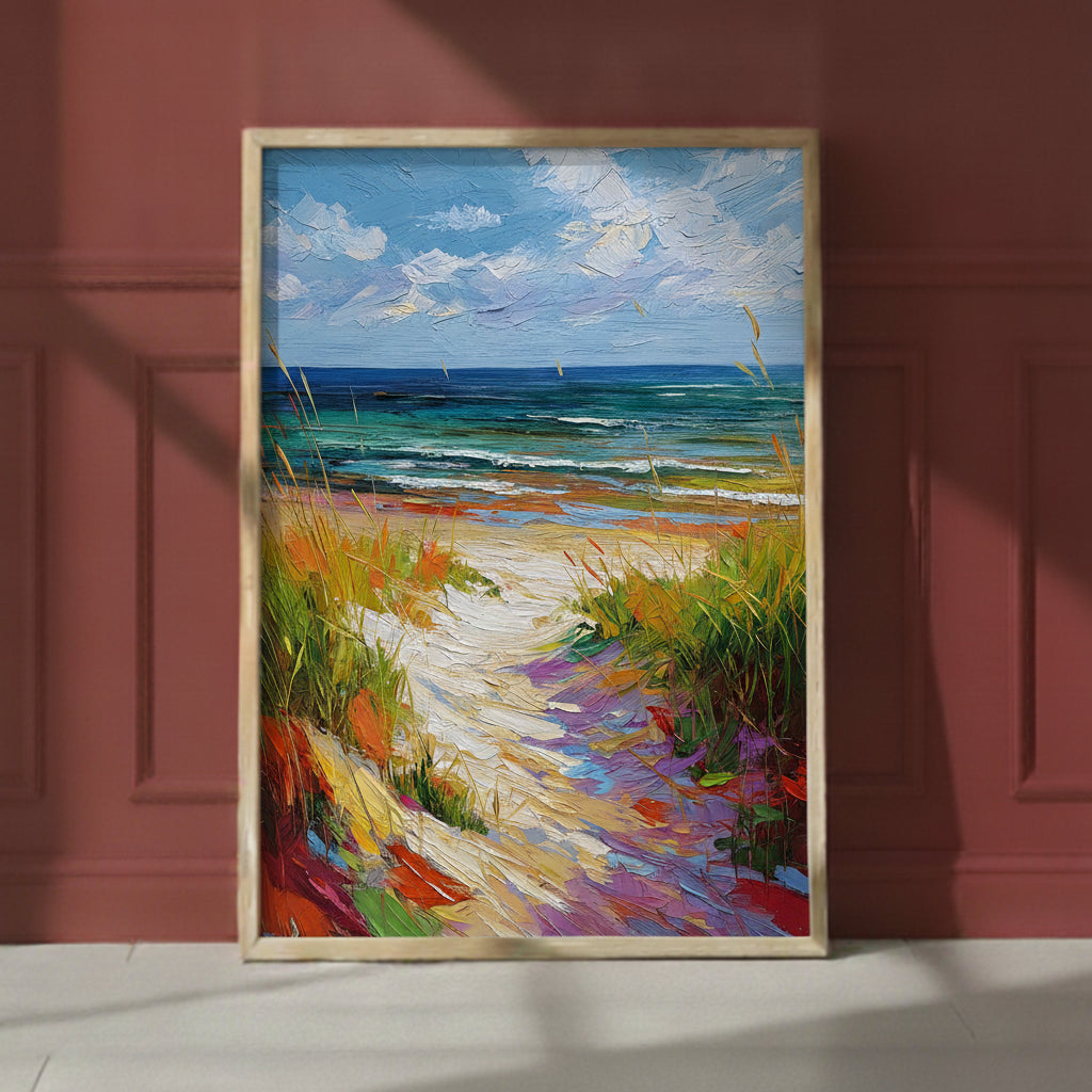 Colorful Beach Path Painting art print shown in a red setting