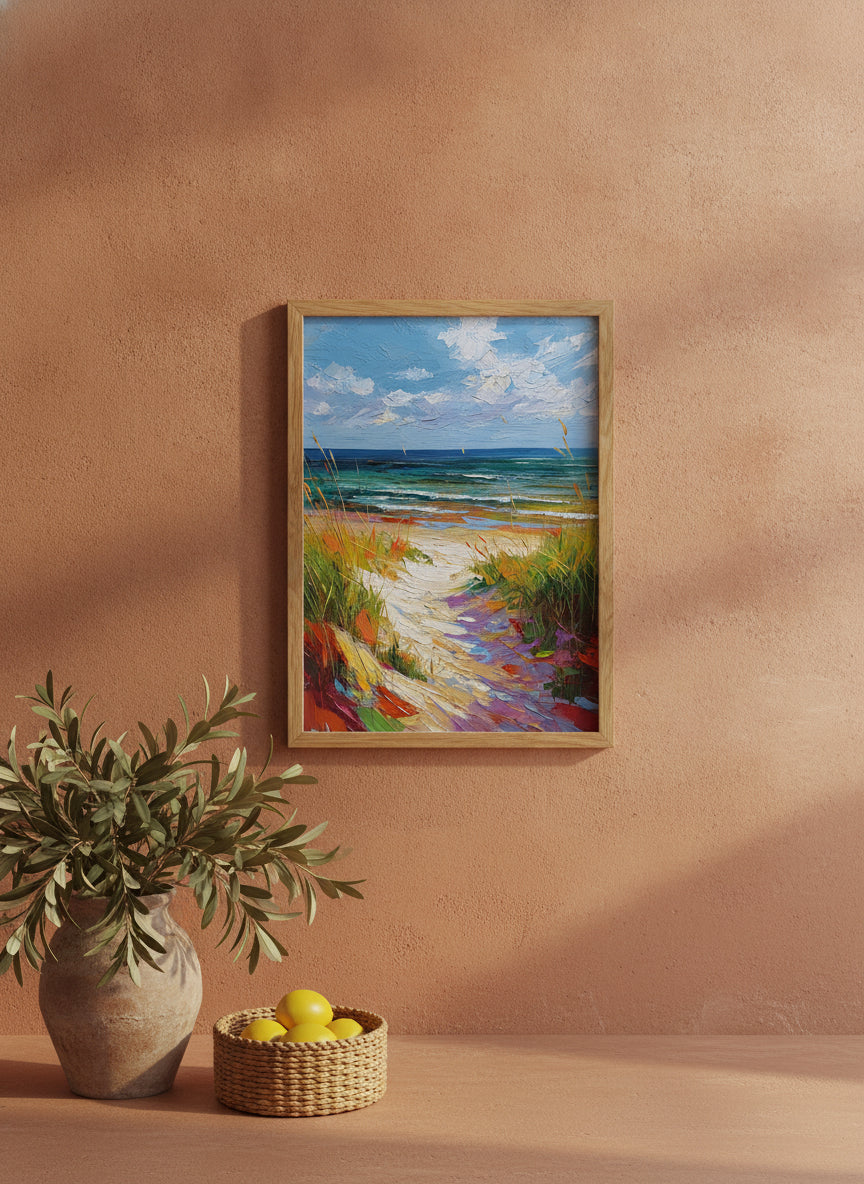 Colorful Beach Path Painting art print shown in a terracotta rustic setting