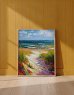 Colorful Beach Path Painting art print shown in a yellow wall setting