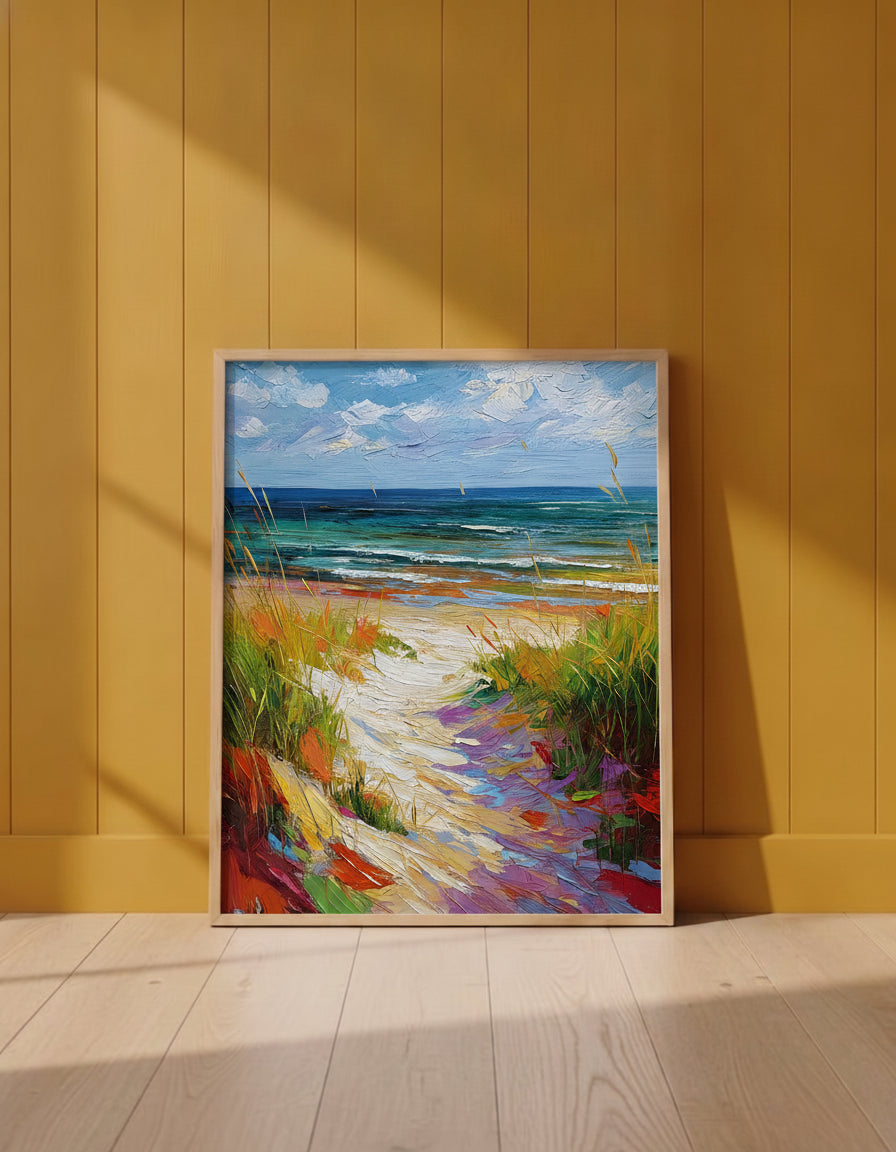 Colorful Beach Path Painting art print shown in a yellow wall setting