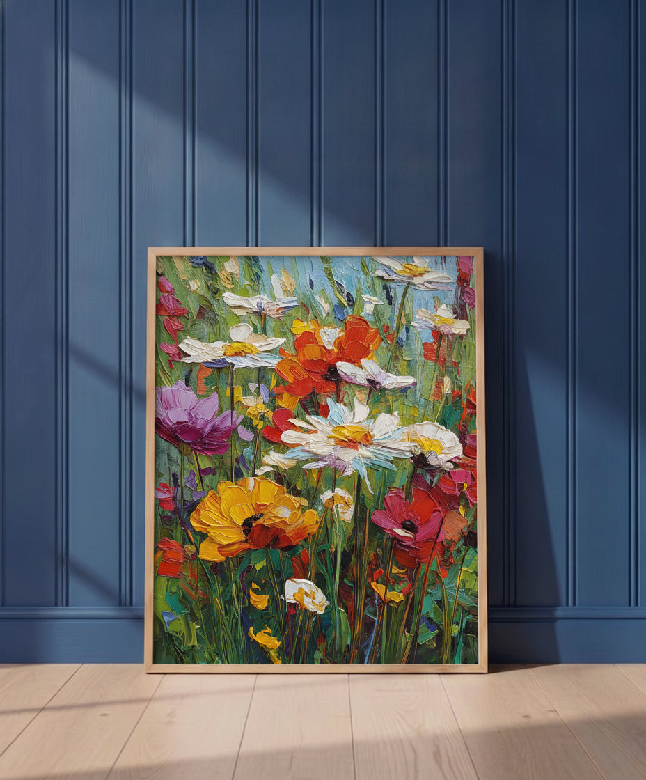 Wildflower Meadow Impasto Art art print shown in a blue wall paneled setting