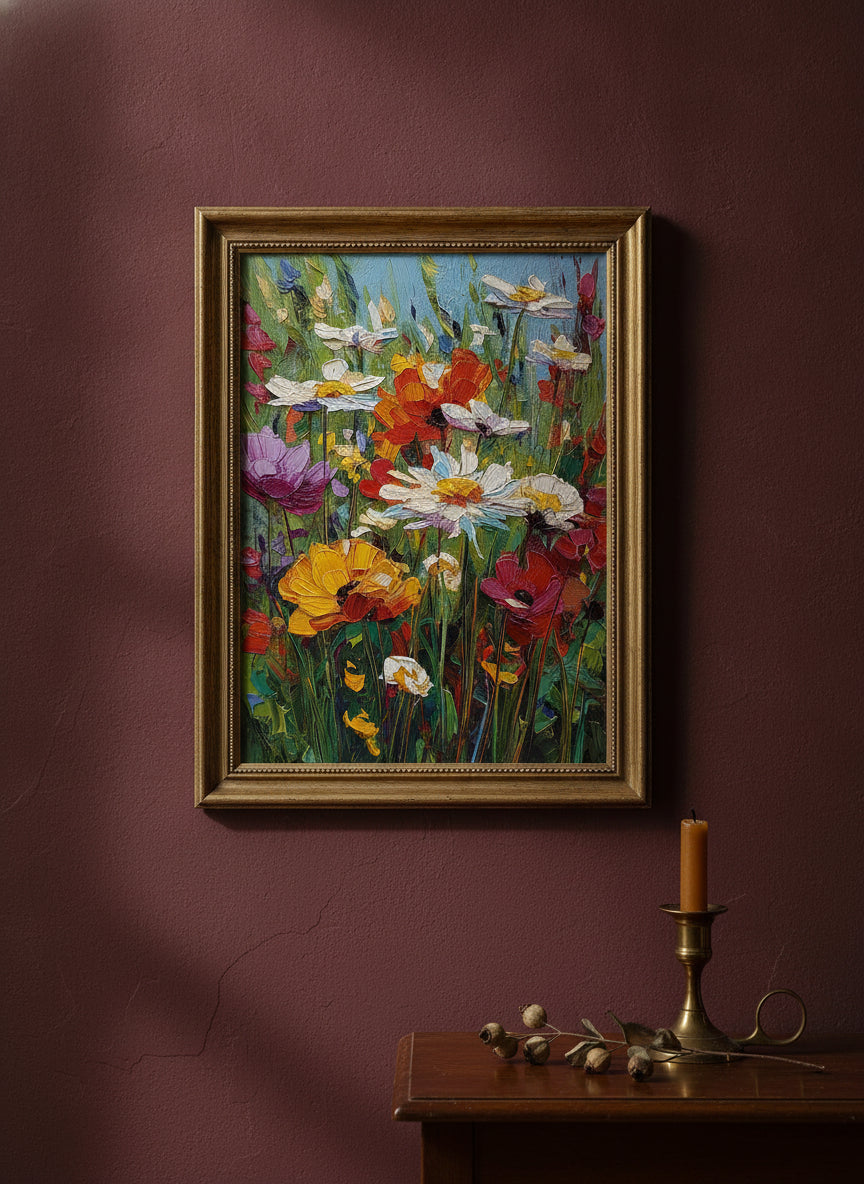 Wildflower Meadow Impasto Art art print shown in a burgundy brass setting