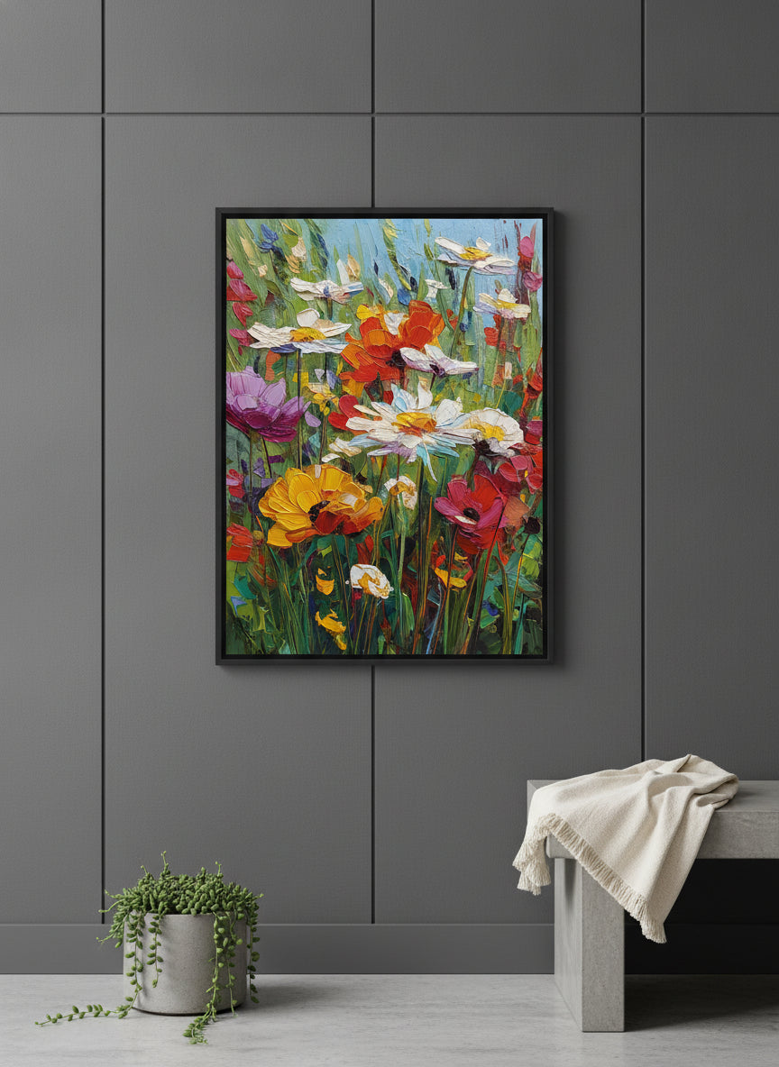 Wildflower Meadow Impasto Art art print shown in a charcoal minimal black setting