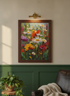 Wildflower Meadow Impasto Art art print shown in a forest green walnut setting