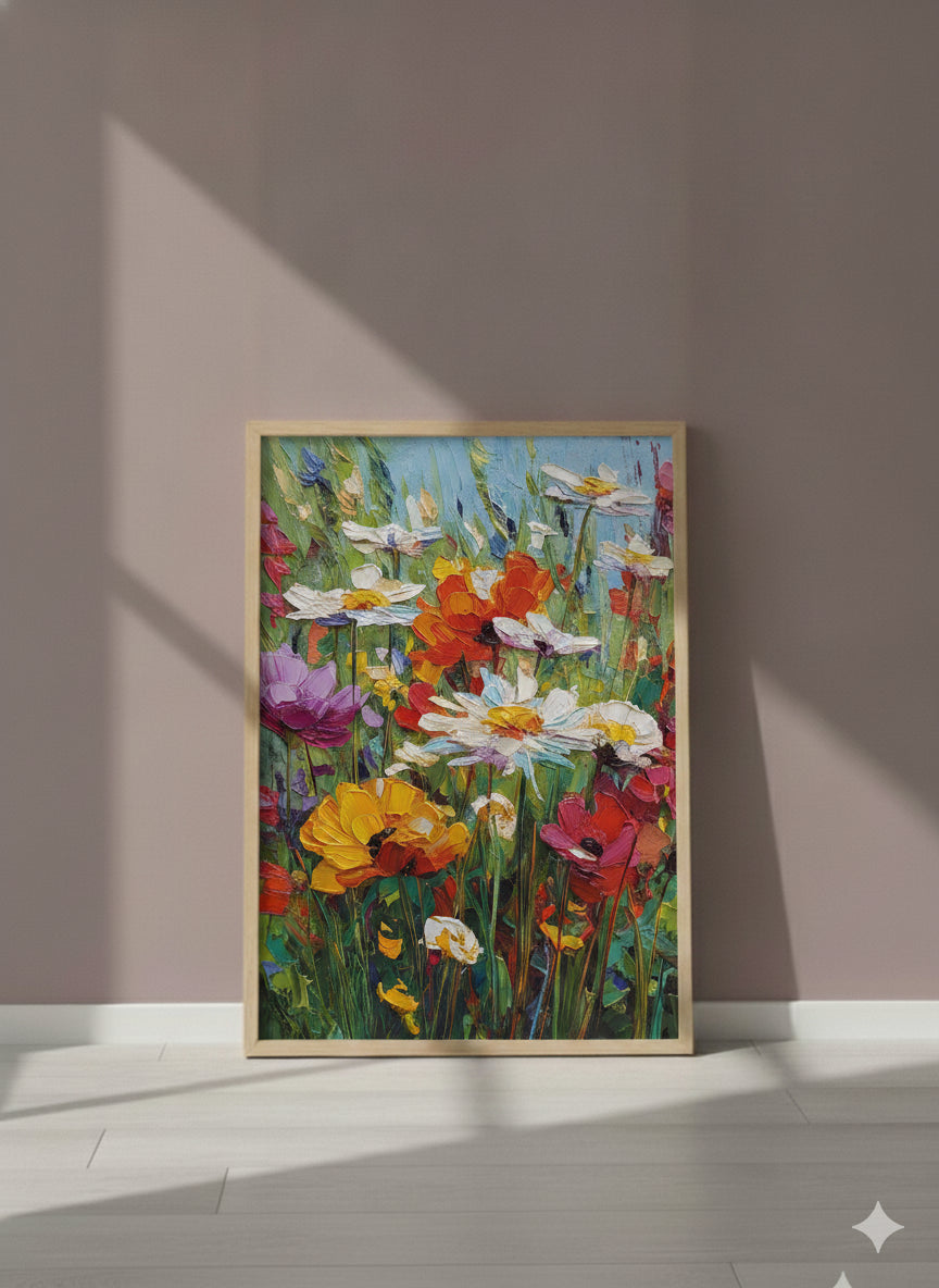 Wildflower Meadow Impasto Art art print shown in a purple setting